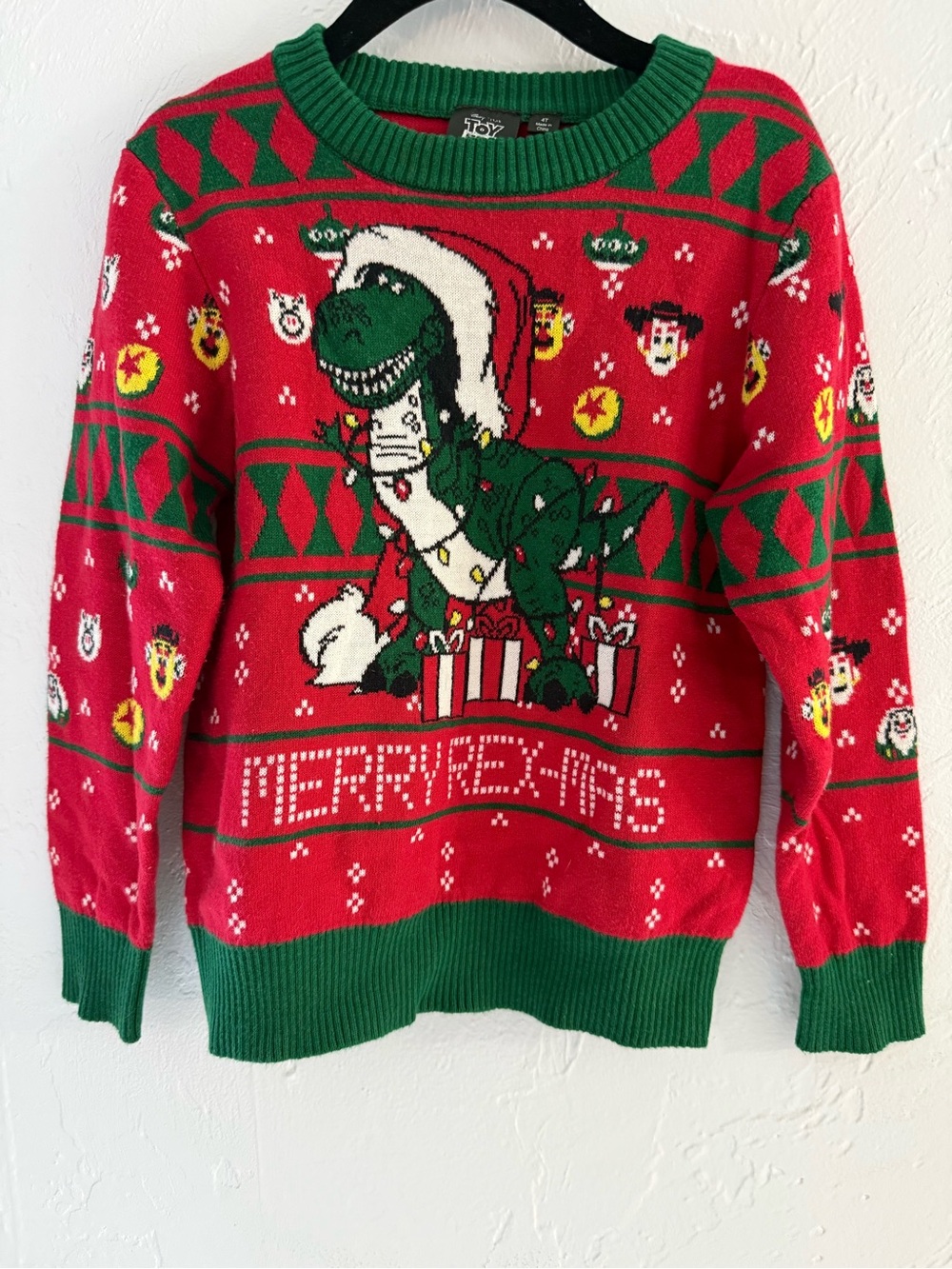 Disney Toy Story Holiday Merry Rex-Mas Knit Sweater - Red & Green